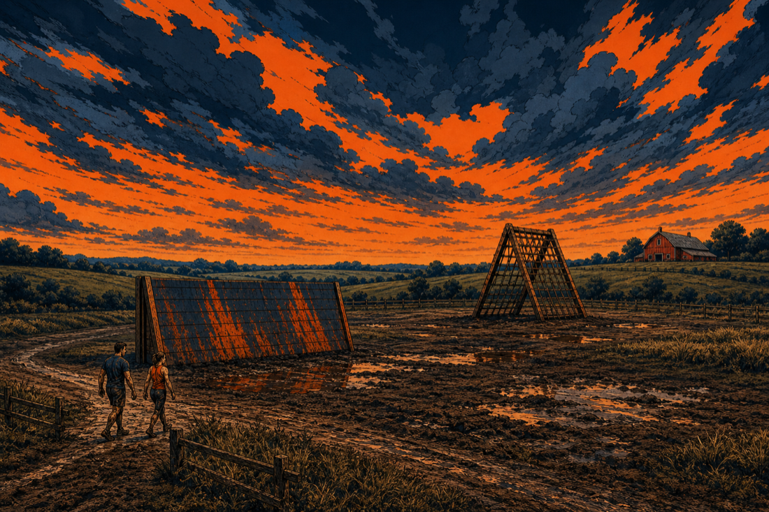 Comic-style farm mud-race course: two runners on a muddy path, a wooden wall and cargo-net A-frame in an empty field