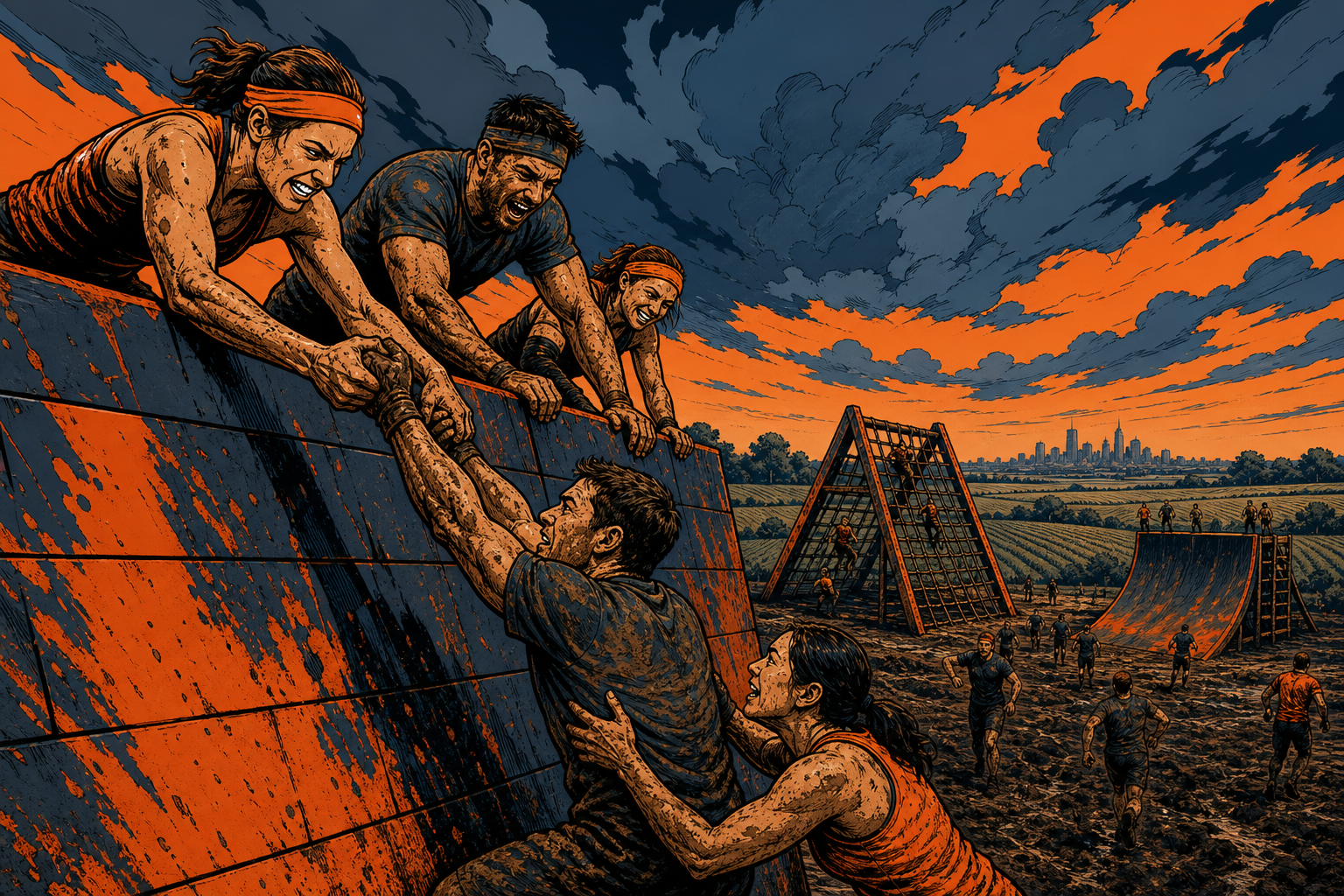 Comic-style mud-race athletes helping each other over a wall on a farm course