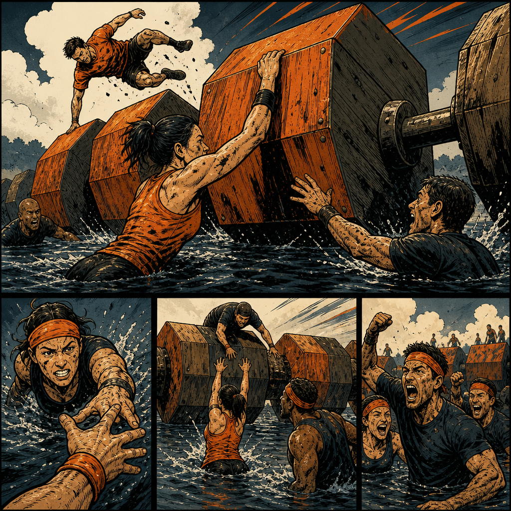 Floating blocks comic illustration