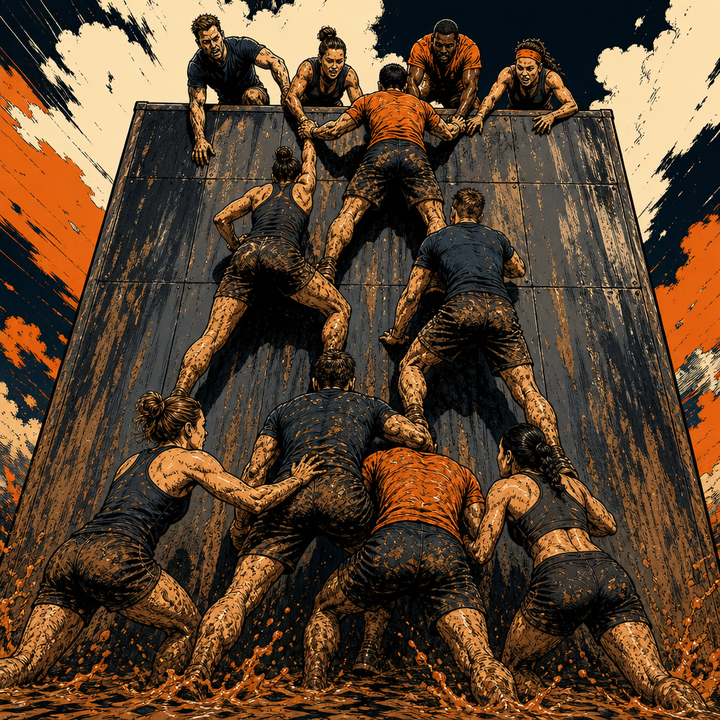 Human pyramid comic illustration